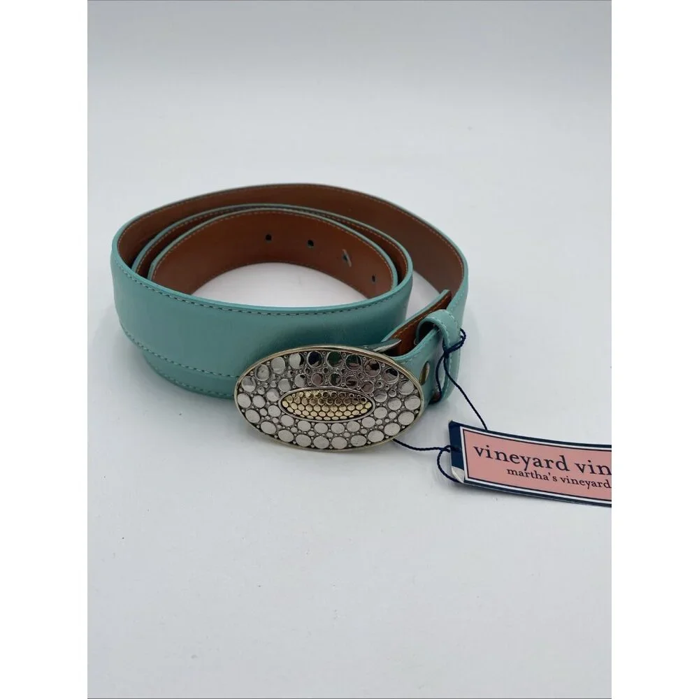 Vineyard Vines Mint Green Leather Belt Womens Sz L Silver Buckle 1 1/2
